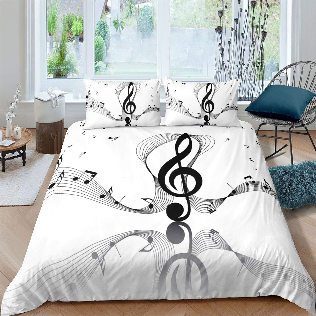 Music Note Bedding Set with Musical Pattern Double Mucis Theme Comforter Cover for Kids Boys Girls Teens Grey White Duvet Cover with Zipper 3 Pieces Bedspread Cover (1 duvet cover 2 pillow case)
