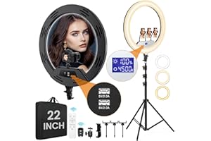 MACTREM 22in Large Ring Light with Stand,512pcs Bulbs Big Ring Light with 75" Tripod for iPhone/LED Display/4 Clips/2 USB Ports,2600K-6500K Dimmable Barber Light,for TikTok Video Recording Tattoo Lash Makeup