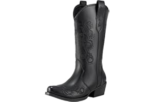 Rollda Women's Cowboy Boots Snip Toe Cowgirl Boots Embroidered Mid-Calf Western Boots Ladies Distressed Boots with Pull-Up Tabs