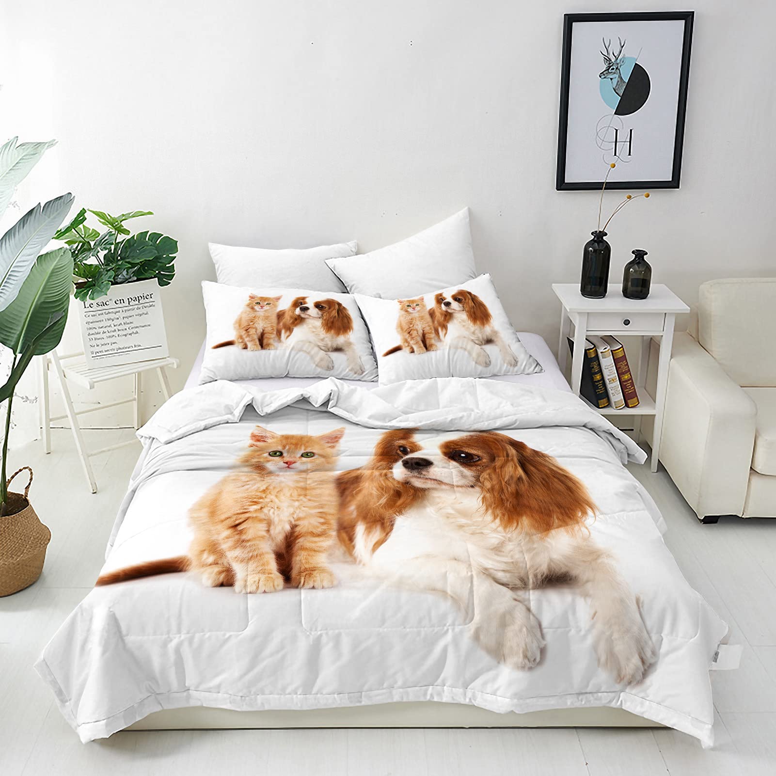 ANHOPE Cat & Dog Duvet Cover Set Soft Lightweight 3Pcs Bedding Set with 2 Pillowcase Cute Animal Combo Print Pattern Kids Boys Girls Adults Microfiber Quilt Cover with Zipper Closure Single Size — image 1