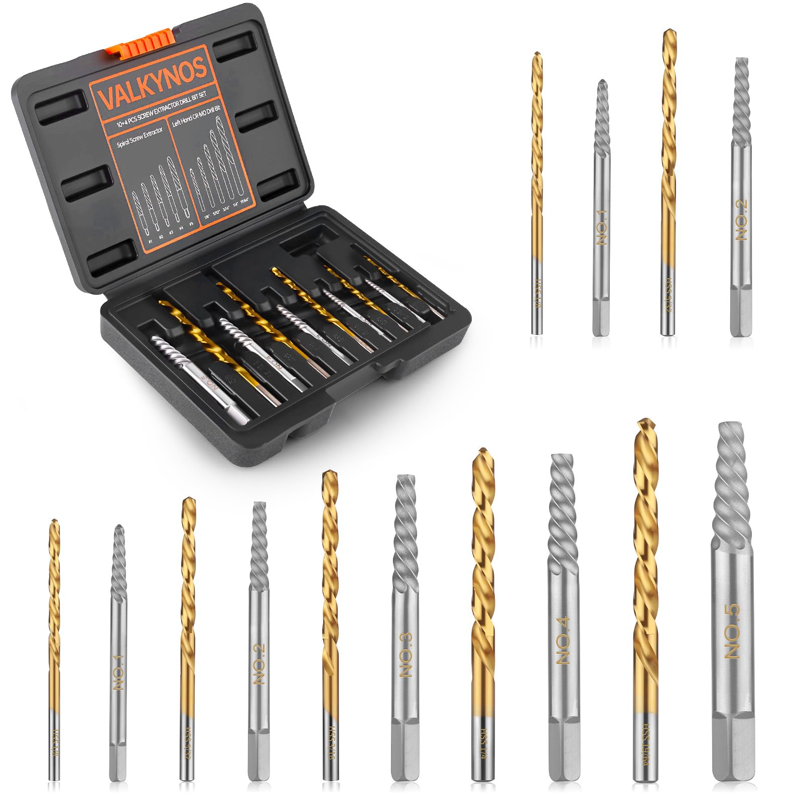 Photo 1 of Valkynos 14 PCS Screw & Bolt Extractor Set – 35# Cr-Mo & HSS Steel Easy Out Kit with Left Hand Drill Bits for Removing Broken Bolts, Stripped Screws & Damaged Fasteners with Storage Case