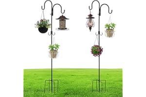 LUVENIA Double Shepherds Hook for Outdoor with 5 Prong Base 76 Inch Heavy Duty Two Sided Bird Feeder Pole for Hanging Plant Baskets, Solar Light Lanterns, Wind Chimes 2 Pack