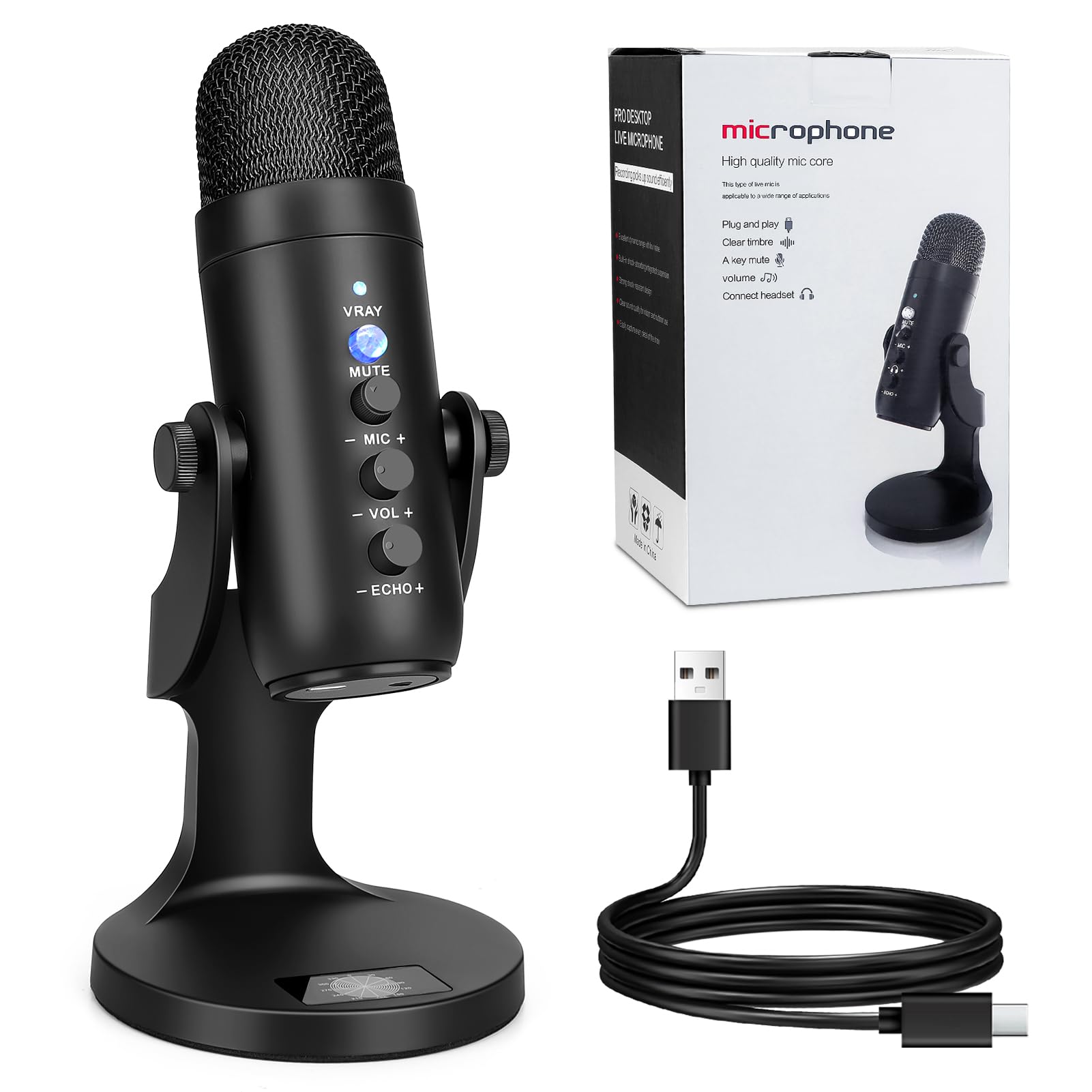 Layukt USB Microphone PC Phone Podcast Mic for Gaming, Podcasting, Streaming, Recording, Voice-Overs Plug and Play Condenser PC Microphone with Quick Mute, Echo/Gain Knobs Real-time Listening