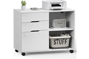 DUMOS Lateral File Cabinet with 3 Drawers Rolling Filing Cabinets Under Desk Storage Printer Stand Wood Organizer with Wheels Adjustable Shelf for Office Home Small Space, White