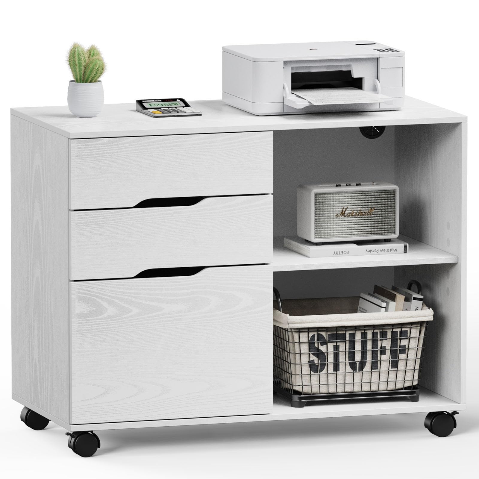 Photo 1 of *Damage to pieces* DUMOS Lateral File Cabinet with 3 Drawers Rolling Filing Cabinets Under Desk Storage Printer Stand Wood Organizer with Wheels Adjustable Shelf for Office Home Small Space, White
