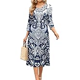 Soesdemo Long Sleeve Dress for Women Casual V Neck Pleated Button Down 3/4 Sleeves Knee Length Midi Dresses with Pockets