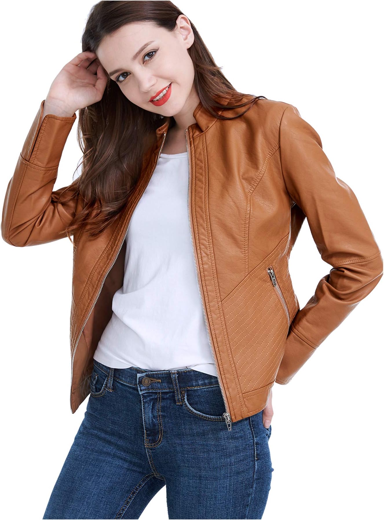 Fasbric Women's Faux Leather Jackets Long Sleeve Zipper Short Moto Biker Jacket Bomber Coat