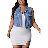 MakeMeChic Women's Plus Size Denim Vest Button Down Flap Pocket Jean Sleeveless Collar Crop Jacket Cowgirl Outfits