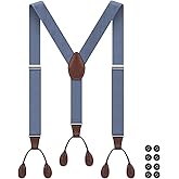 Button Suspenders for Men Y-Back 1.4 Inches Wide Leather Button End Elastic Adjustable Suspenders for Men