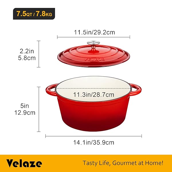 VELAZE 7.5 QT DUTCH OVEN POT WITH LID, ENAMELED CAST IRON DUTCH OVEN WITH DUAL HANDLES FOR SOURDOUGH BREAD BAKING, COOKING, NON-STICK ENAMEL COATED COOKWARE (RED)