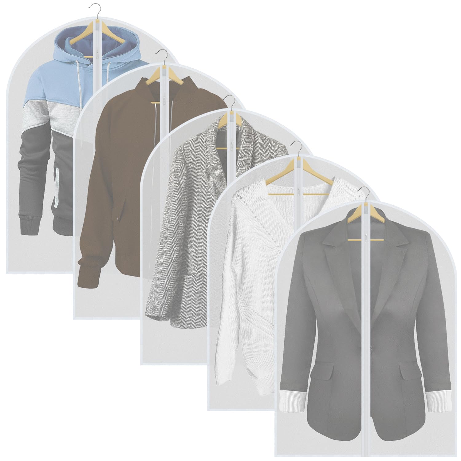 Ulife Mall Garment Bags, 5 Pcs Clothes Covers Bags with Zip PEVA Suit Cover Translucent DustProof MothProof Dress Cover Bag Reusable Storage Bag for Men Women 60X100CM