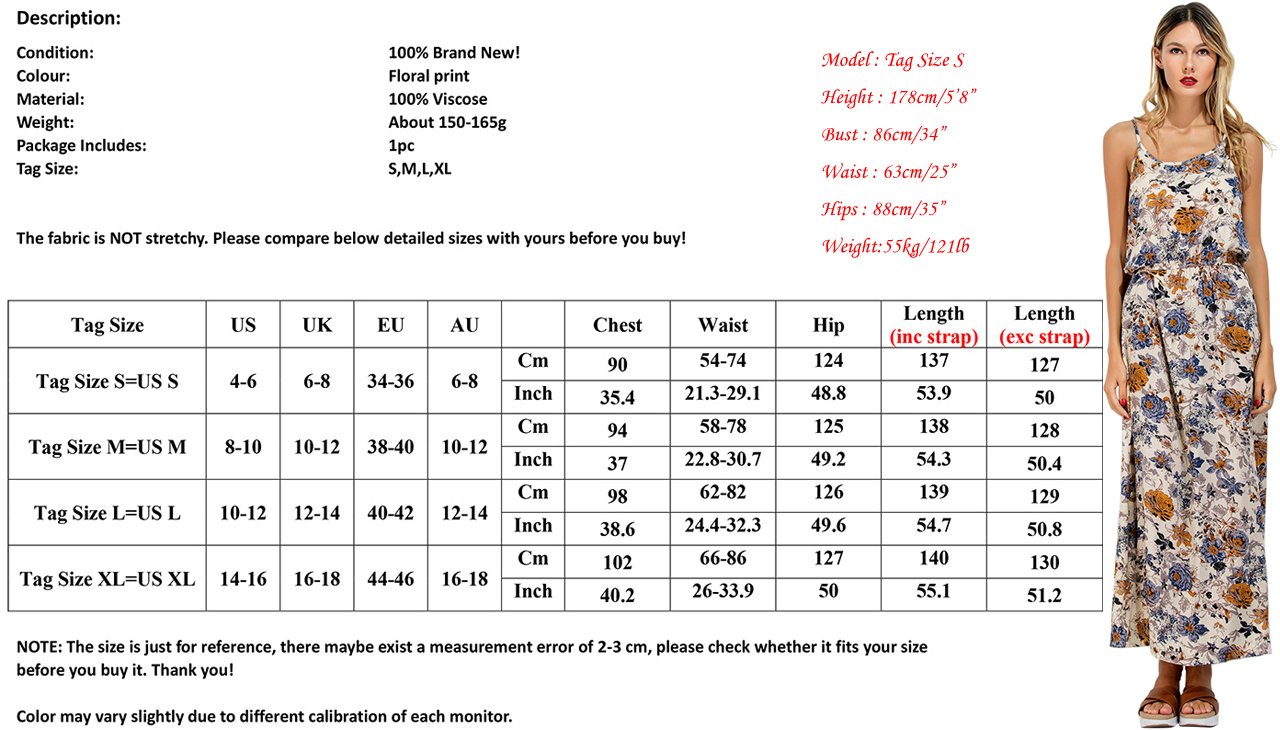 CHIC DIARY Women\'s Spaghetti Strap Bohemian Floral Print Maxi Dress Sundress (M, 1 Print on Apricot Background)