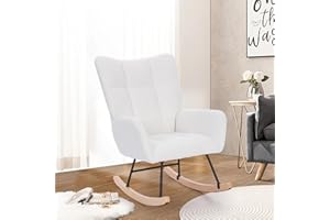 Unovivy Rocking Chair Nursery, Teddy Living Room Armchair with Wood Base, Baby Glider Rocker with Headrest & Side Handy Cocket, Small Gliding Seat for Bedroom, Office, 36 Inches Depth, New White