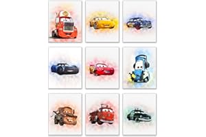 BigWig Prints Cars Poster Set - Cars Room Decor for Boys And Girls, Lightning Mcqueen Room Decor, Wall Art for Kids Bedroom, Tow Mater Doc Hudson Jackson Storm Cruz Ramirez - 9 Pack (8x10”) Unframed