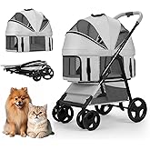 Dog Stroller for Medium Dogs,4 Wheels Pet Stroller with Detachable Carrier and Storage Basket,One Click Folding, Compact Portable,Up to 50lbs,3 in1 Multifunctional(Grey)