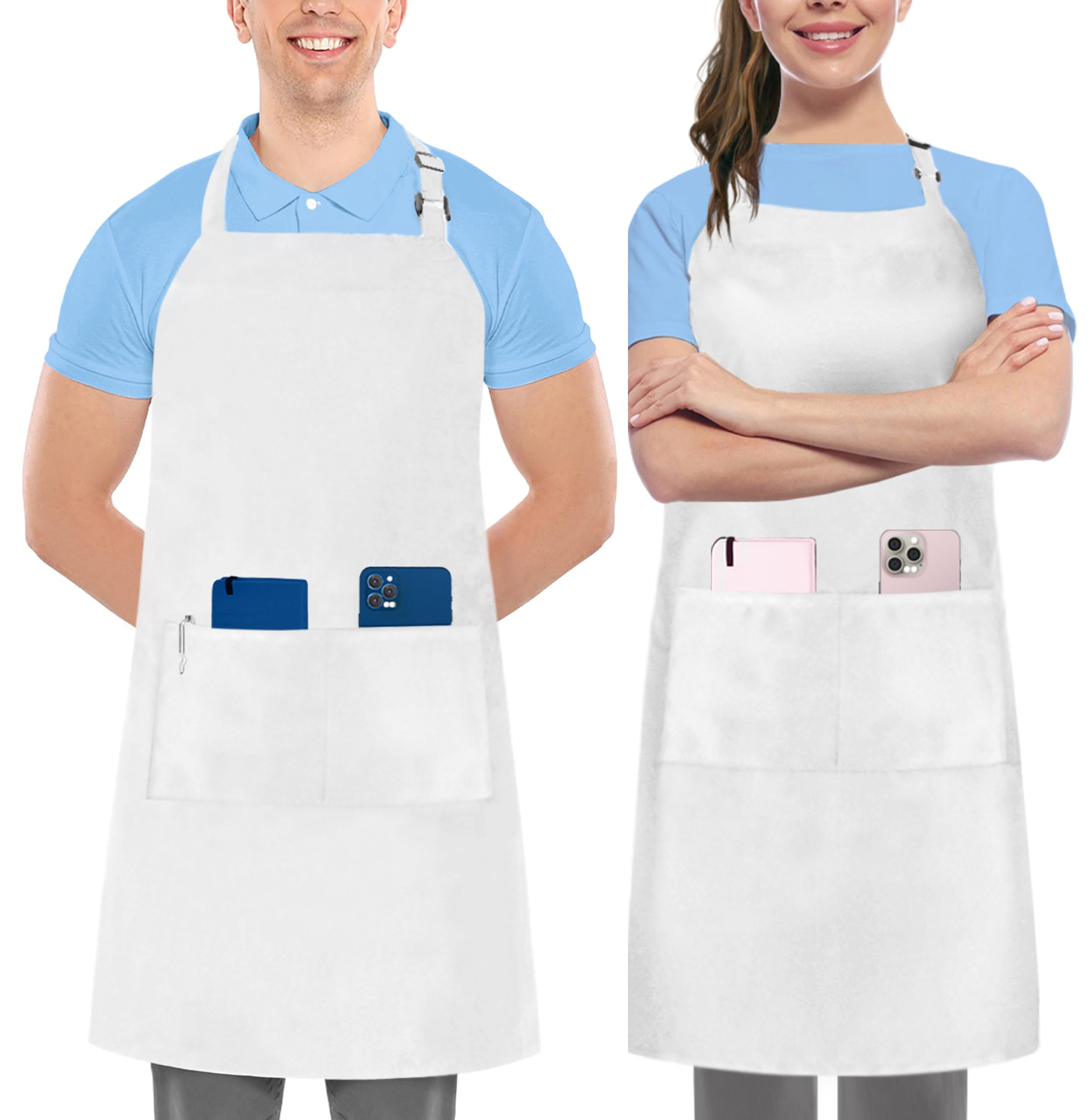 Utopia Kitchen Adjustable Bib Apron with 2 Pockets Waterdrop Resistant Chef Cooking Kitchen Aprons Women, Men with Long Ties, White