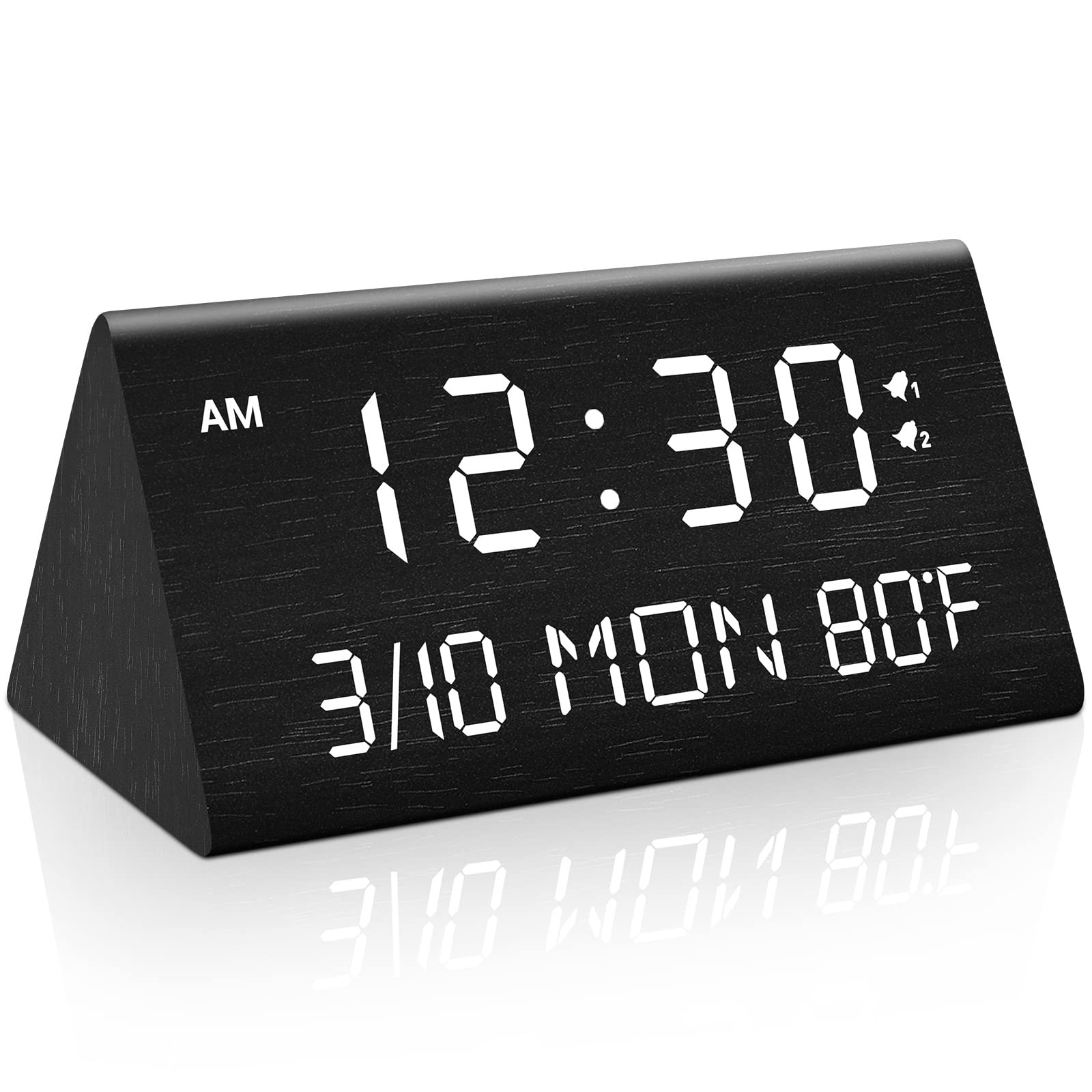 Photo 1 of Kogonee Wooden Digital Alarm Clock, 0-100% Dimmer, 2 Alarm Settings, Weekday/Everyday Mode, 9 Mins Snooze, 12/24H, Temperature and Date Display for Office, Travel, Bedroom Alarm Clock (Black)