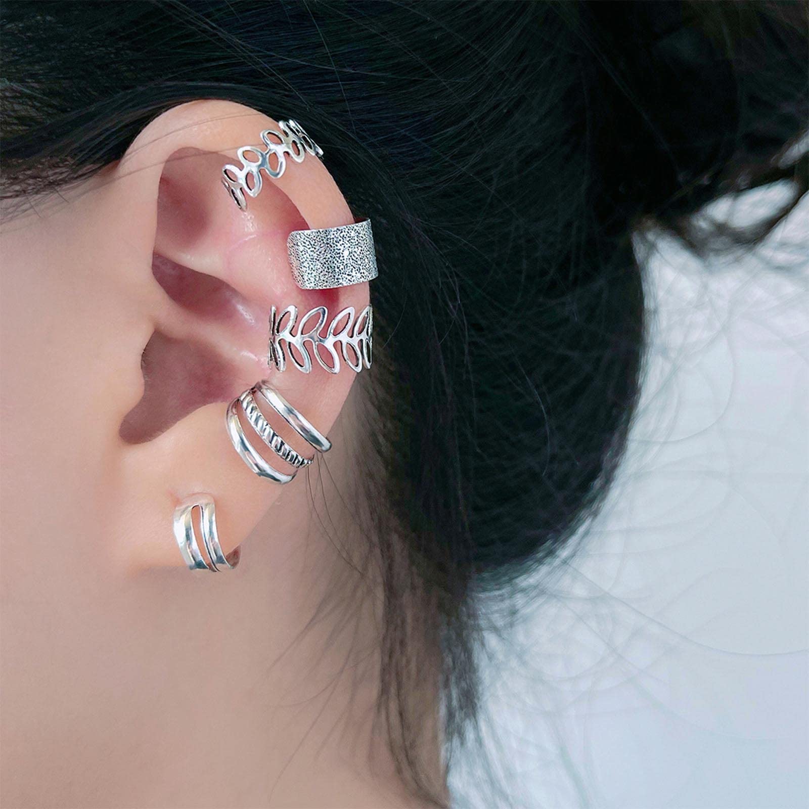 Yienate Fashion Open Leaf Earrings Bone-ring Clips Statement Openings Cuff Earrings No Ear Holes Dainty Silver Earrings 5 Pcs Set Jewellery for Women and Girls
