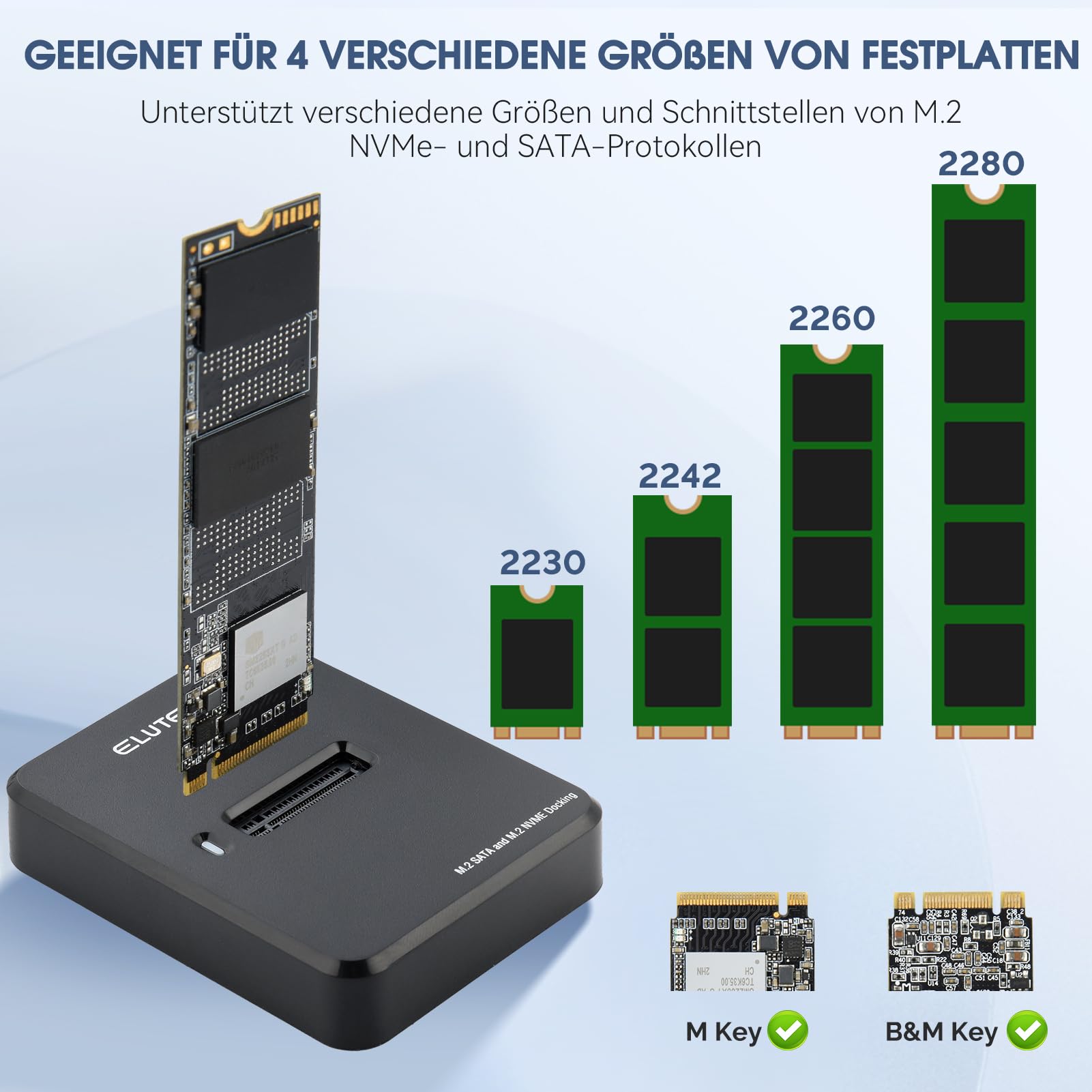ELUTENG Festplatten Dockingstation, M.2 NVME & SATA Docking Station, 10Gbps M2 SSD auf USB Gehäuse für M-Key B+M Key, Duales Protokoll Adapter für 2230 2242 2260 2280 SSD mit Anti-Rutsch-Pads 3