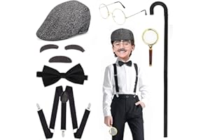 FAYBOX Old Man Costume for Kids Adults,100 Days of School Costume for Boys,Halloween Peaky Blinders Costume