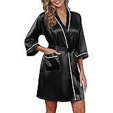 Ekouaer Silky Robes for Women Satin Knee Length Bride Bridesmaid Wedding Party 3/4 Sleeve Bathrobe Lightweight Sexy Sleepwear with Pockets Black M