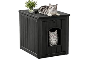 LHBcraft Cat Litter Box Enclosure, Hidden Litter Box Furniture, Feral Clawsable Cat Houses for Outdoor Indoor Cats Shelter, Sturdy Resin Material for Living, Patio, Easy to Assemble, Black