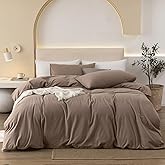 JIYUAN 100% Washed Cotton Duvet Cover Set 3 Pieces Queen, 1 Duvet Cover 90x90 Inches(Comforter Not Included) and 2 Pillowcases,Linen Feel Bedding Set Comfy and Breathable,Light Brown