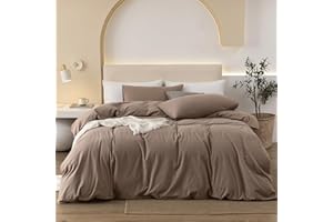 JIYUAN 100% Washed Cotton Duvet Cover Set 3 Pieces King, 1 Duvet Cover 104x90 Inches(Comforter Not Included) and 2 Pillowcases,Linen Feel Bedding Set Comfy and Breathable,Light Brown