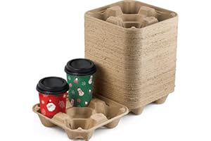 FMP Brands 4 Cup Disposable Drink Carrier Trays, 45 Pack Compostable Pulp Fiber Cup Holder for 8-32 oz Cup, Durable to Go Coffee Cup Holders for Delivery Service, Uber Eats