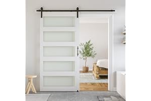SmartStandard 42 x 84 in Glass Barn Door with 7FT Sliding Hardware Kit & Handle, Pre-Drilled Ready to Assemble, Waterproof PVC Coating, White, 5-Panel Glass