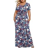 LONGYUAN Women's Plus Size Maxi Dresses for Curvy Women Summer Short Sleeve Casual 2026 Long Dress Mixed Blue 2XL