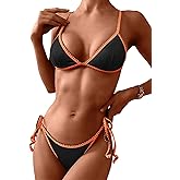 ZAFUL Women's Triangle Bikini Tie Side Whip Stitch String Bikini Two Piece Swimsuit Bathing Suits (3-Black, SSmall)