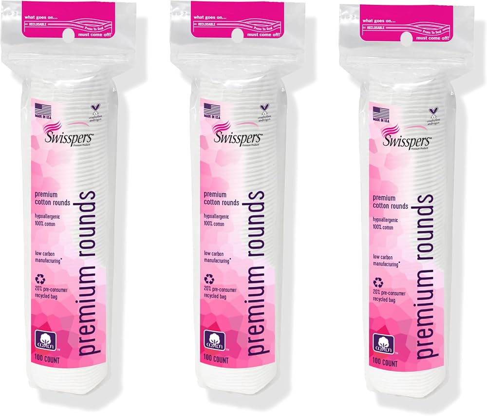 Swisspers Premium Cotton Rounds, Dual-Sided, 100 Count (Pack of 3) | Hypoallergenic, Textured Side, Lint-Free Side, Dermatolo