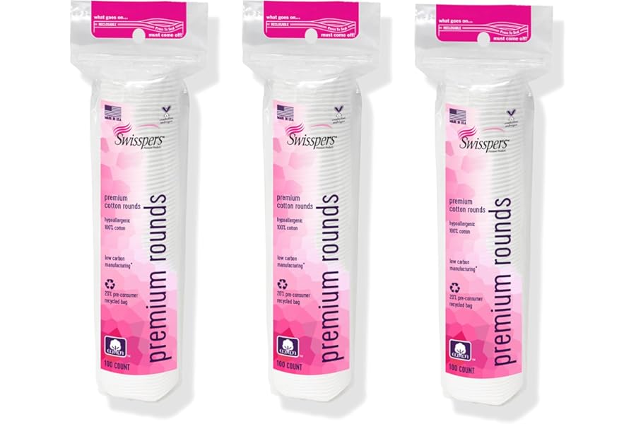 Swisspers Premium Cotton Rounds – 100% Chlorine Free Cotton Face Pads for Makeup, Nail Polish Removal – Dermatologist Tested and Hypoallergenic, Made in USA – 100 Pads (Pack of 3)