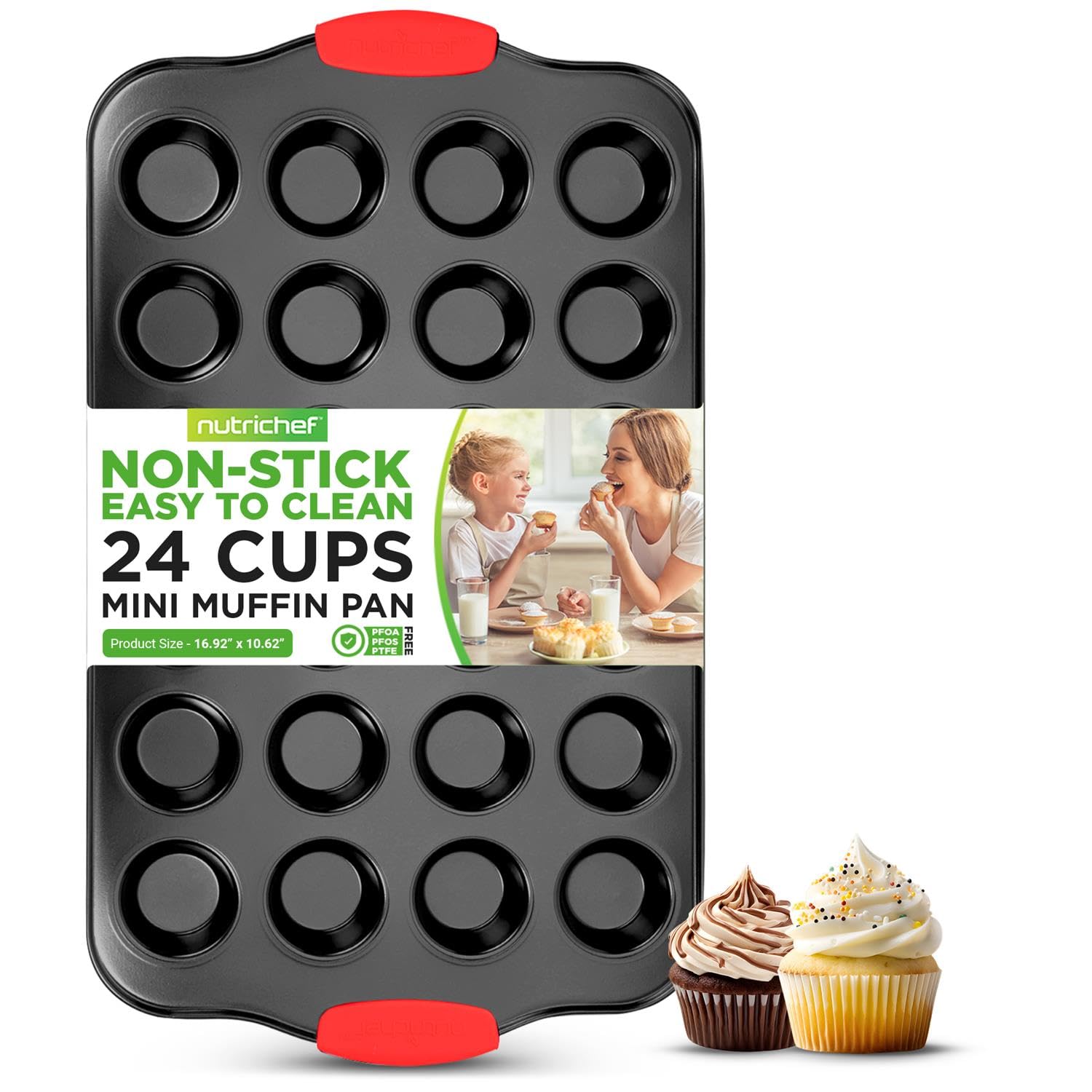 Photo 1 of NutriChef 24-Cup Nonstick Mini Muffin Pan with Red Silicone Handles - Carbon Steel Bakeware Tray for Savory & Sweet Treats - Dishwasher Safe, Black