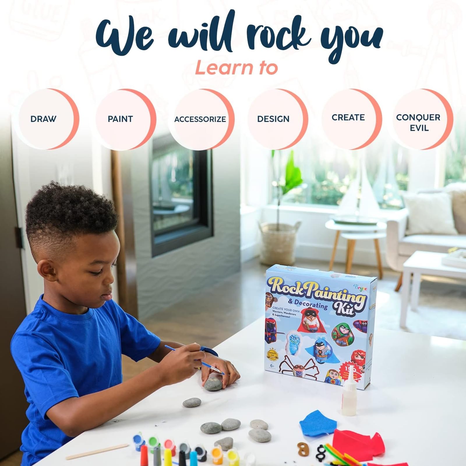 BRYTE 150+ Piece Deluxe Kids Rock Painting Kit, 10 Rocks with Waterproof Paints, Glue & Accessories, DIY Arts and Crafts STEM Activities for Age 6-12 Years, Warrior & Monster