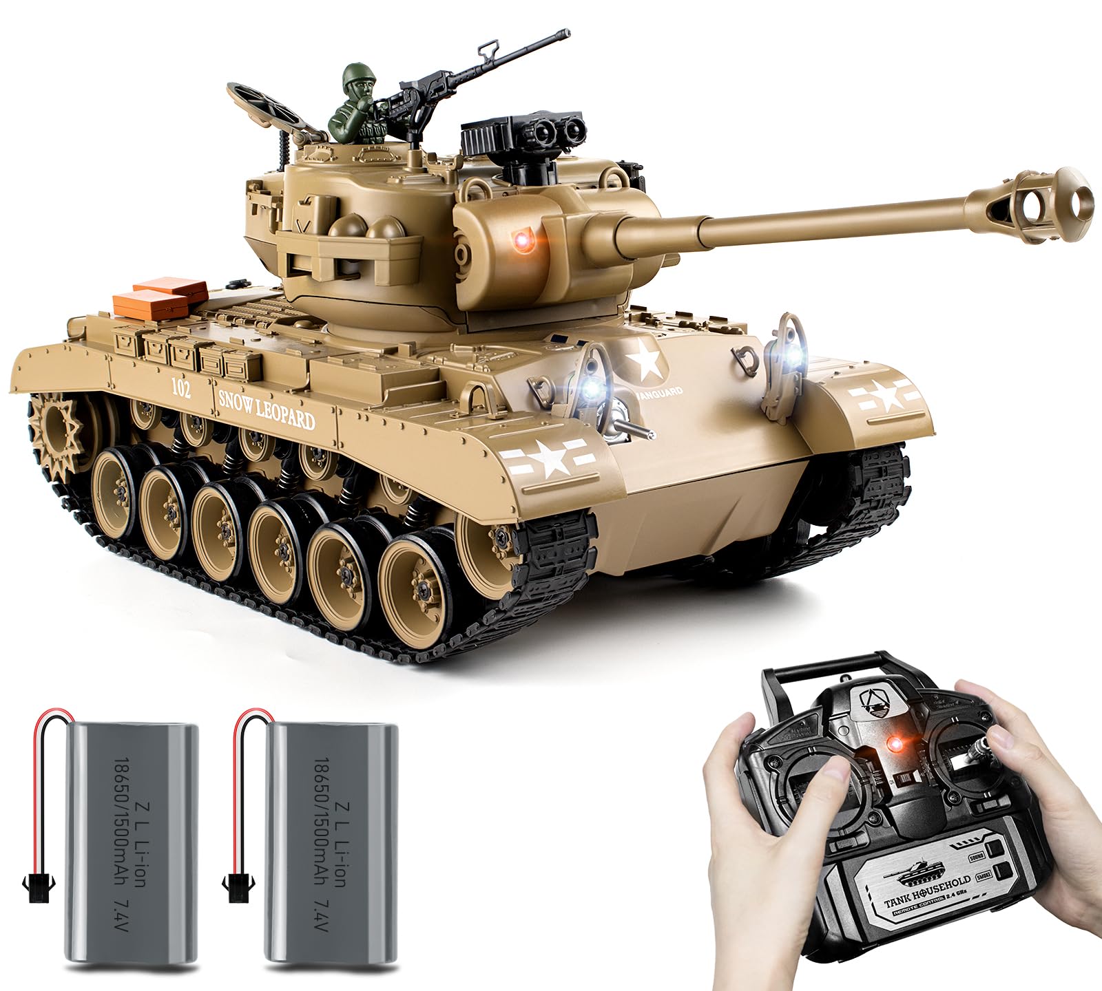 1:18 RC Tank, 2.4Ghz US M26 Pershing Remote Control Model Toys, RC Vehicle Army Tank That Shoots BBS and Water Bombs, Military Toy for Adults and Kids with Smoke, Lights, Sound and Recoil