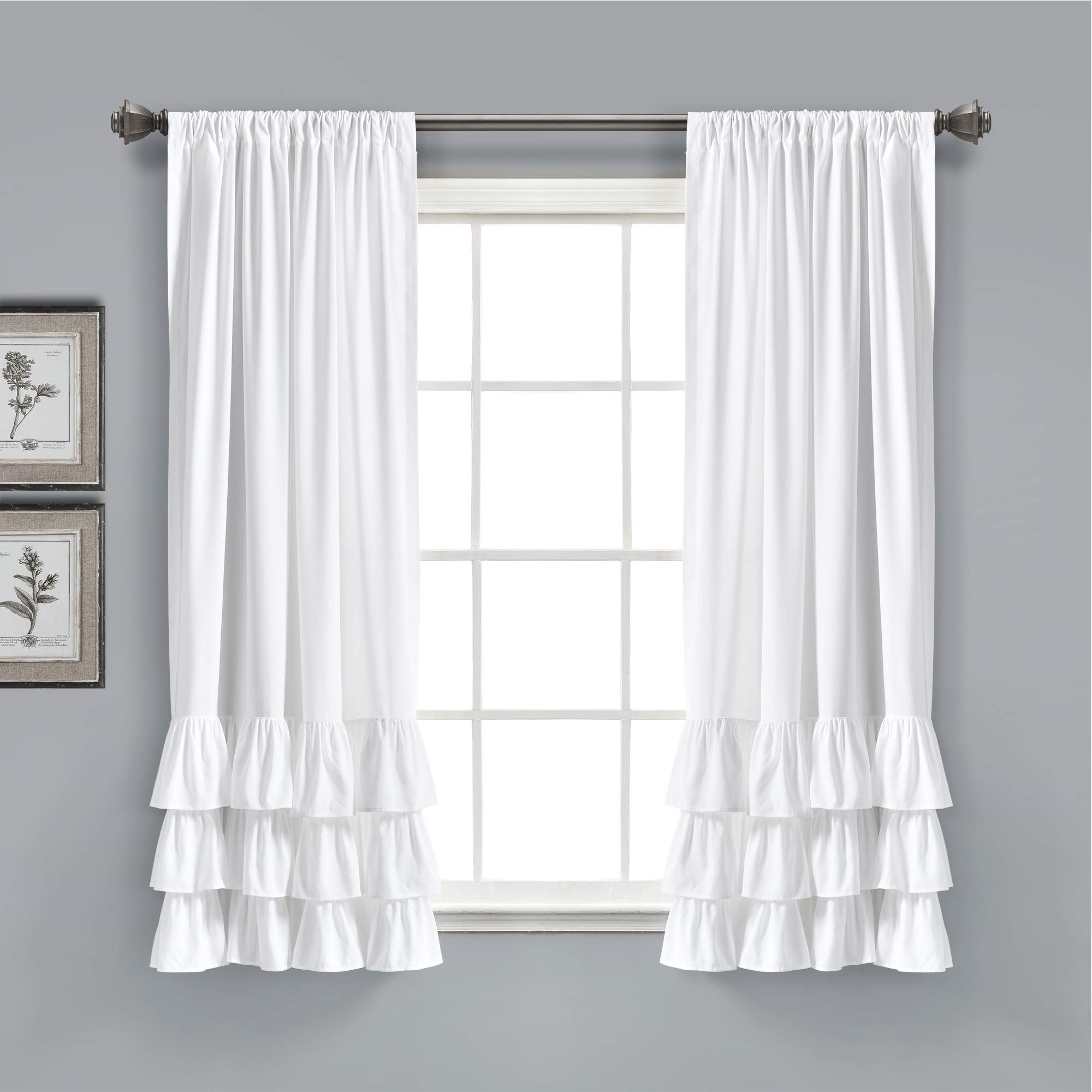 Lush Decor, White Allison Ruffle Curtains Window Panel Set for Living, Dining Room, Bedroom (Pair), 63" x 40", 63" L