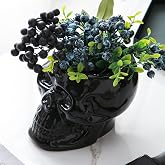 Tanvecle Black Skull Planter Pots, Gothic Skeleton Vase for Halloween | Ceramic planter for succulent, flowers, centerpiece table decor, punk home accessories, Day of the Dead vase planter bowl