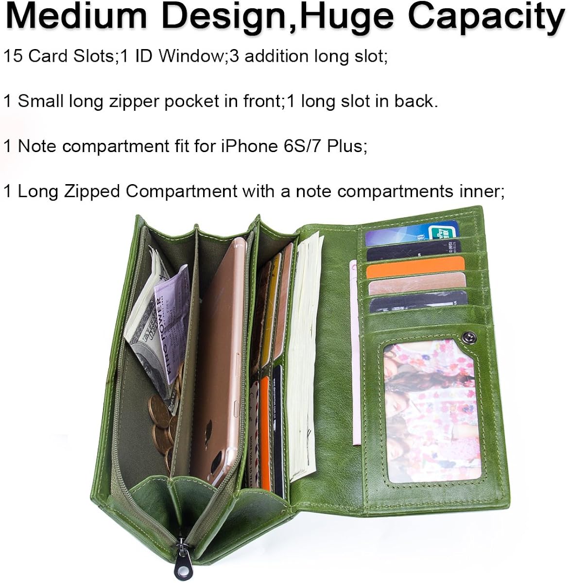 CONTACTS Real Leather Women's Clutch Purse Card Phone Holder Wallet (Green) - Image 3
