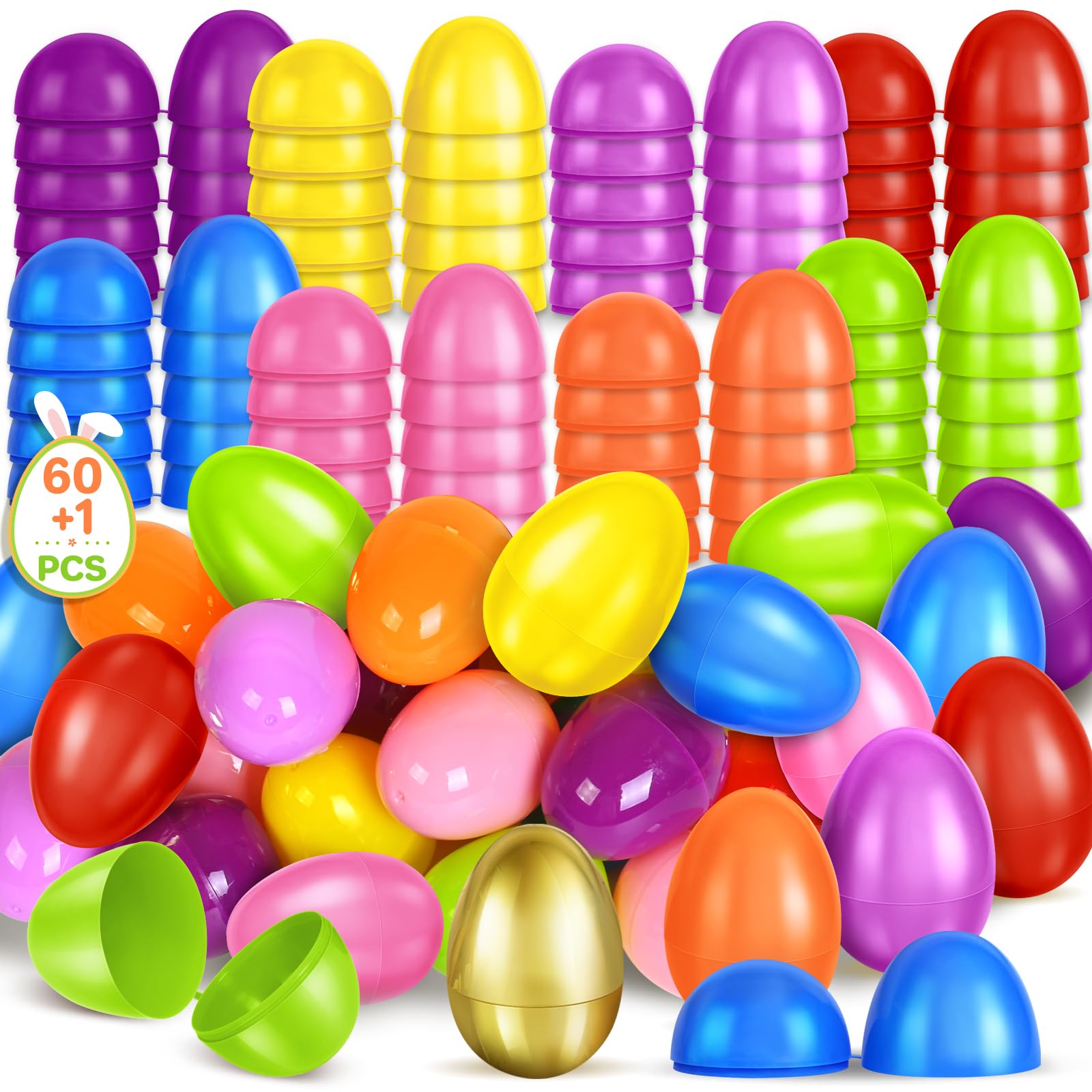 Shemira 60 PCS 2.3 inch Plastic Easter Eggs plus 1 Golden Easter Eggs, Plastic Eggs Bulks for Easter Basket Stuffer, Easter Party Favor, Easter Hunt, Classroom Prize