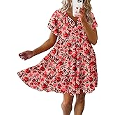 Dokotoo Womens Summer Casual Boho Floral Dresses 2026 V Neck Short Sleeve Sundresses Flowy Swing A-Line Mini Dress