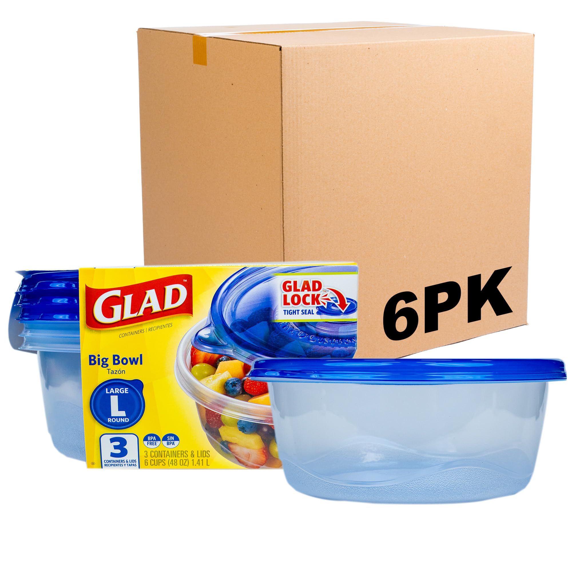 Glad GladWare Big Bowl Food Storage Containers with Lids, Large Round BPA Free Plastic Containers for Soups, Salads, and Meal Prep, Lock Tight Seal, Microwave Dishwasher Safe, 48 Oz, 3 Count – 6 Pack