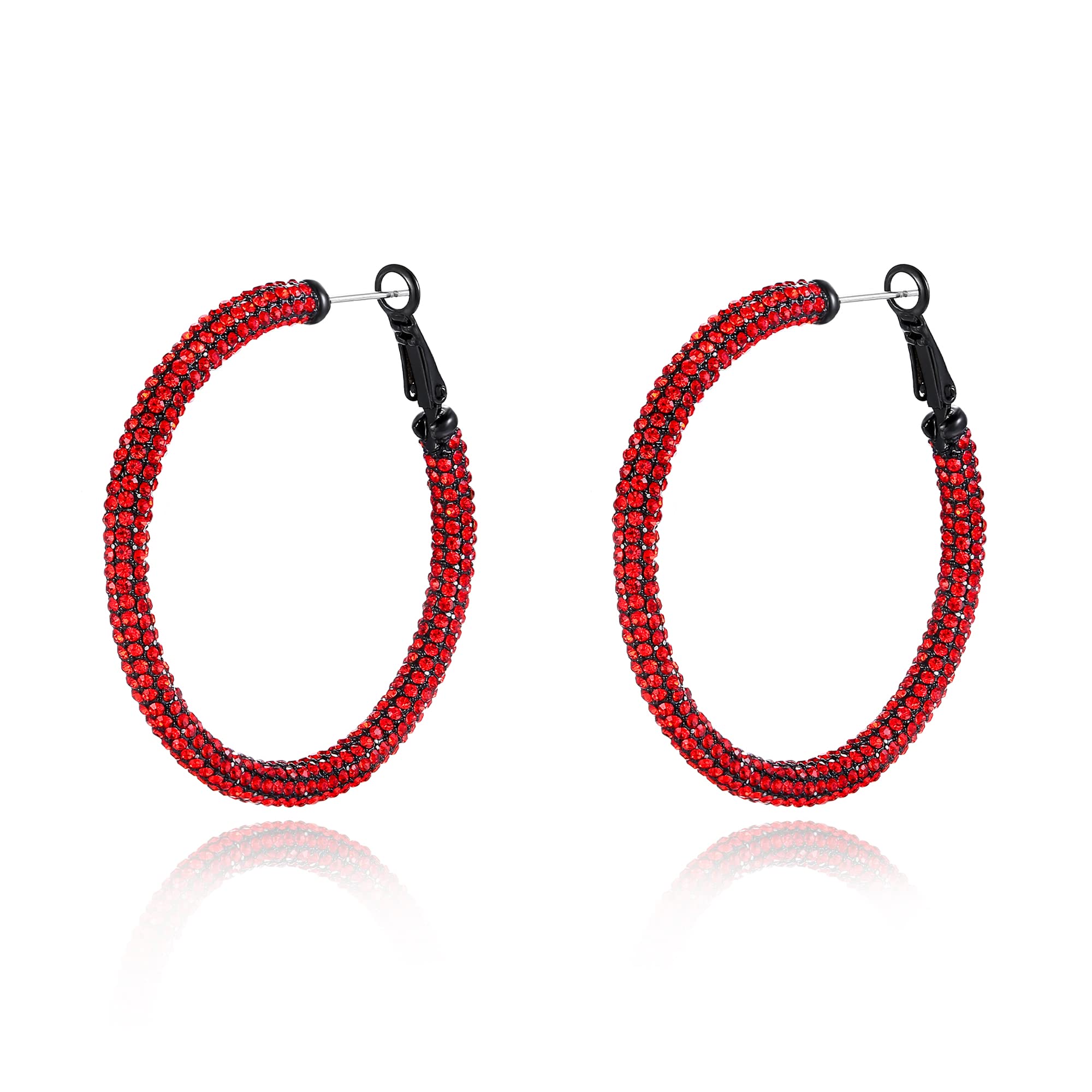 EVER FAITH Rhinestone Hoop Earrings for Women Girls, Sparkly Crystal Large Circle Pierced Hoop Earrings Red