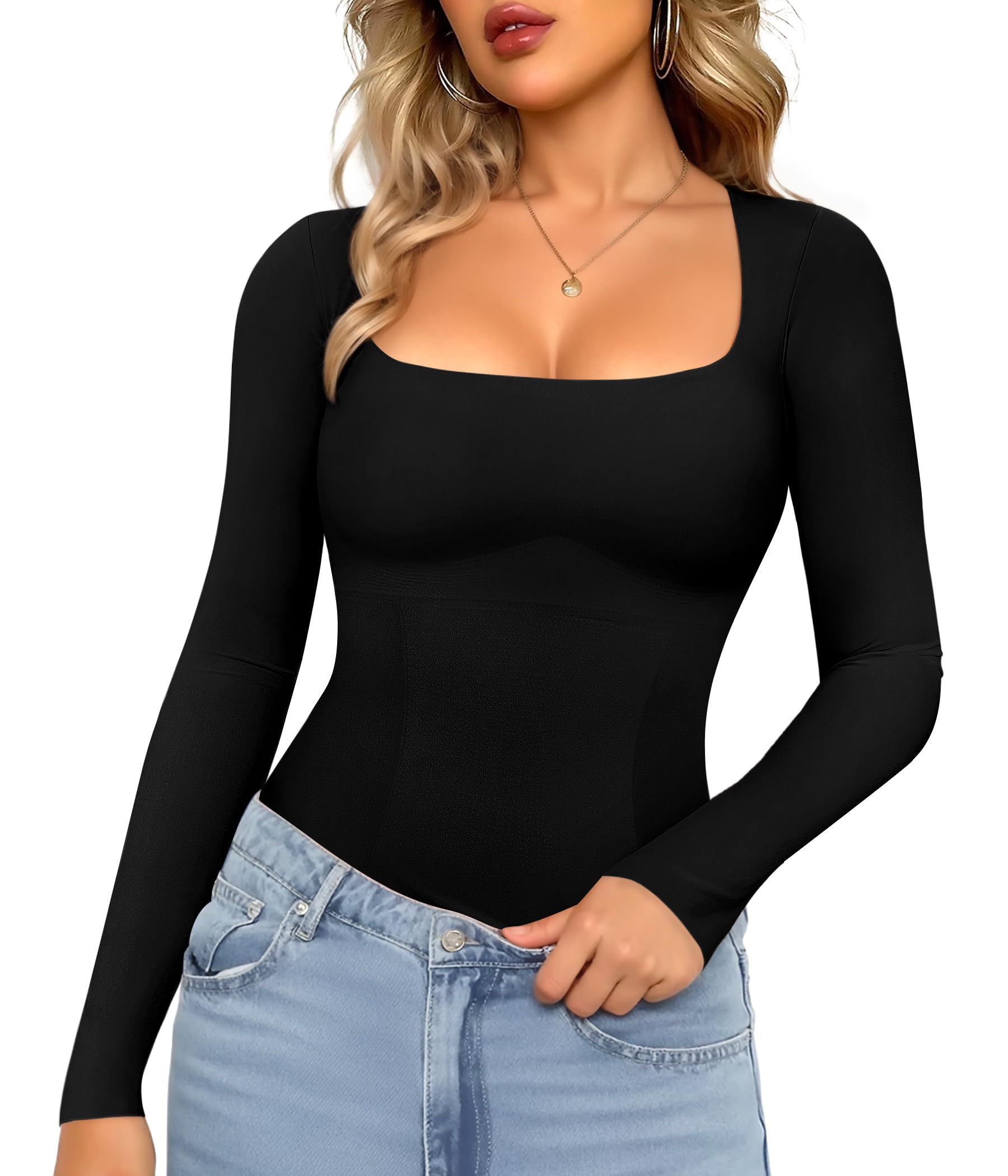 Photo 1 of LODAY Tummy Control Shapewear Tank Top Square Neck Long Sleeve Top Slimming Body Shaper Compression Tanks for Women (Black, Medium)