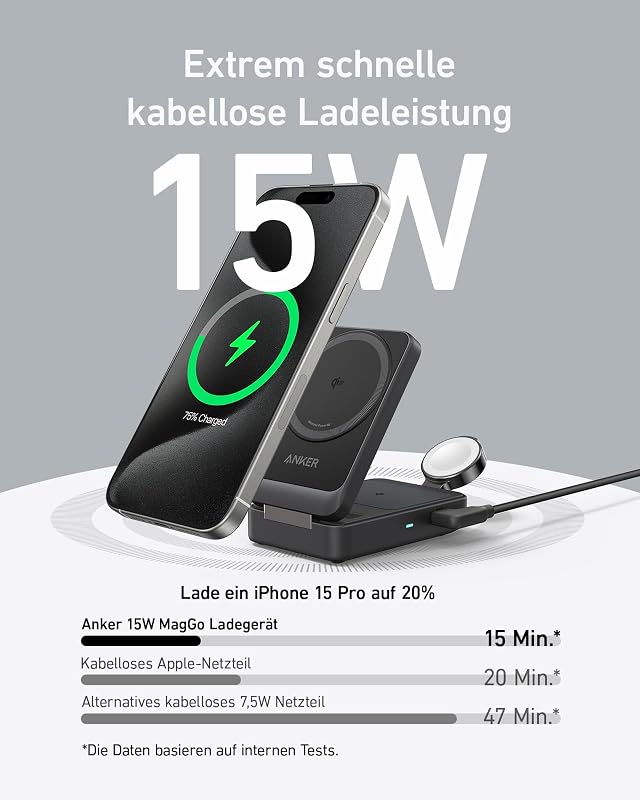 MagGo 3-in-1 Ladestation Qi2 15W mit Apple Watch Ladegerät
