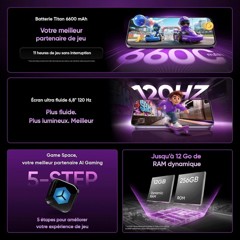 Smartphone realme P4 Lite 4G, 4GB+128GB, Écran LCD HD 120Hz 6,8", Batterie Titan 6600mAh, Recharge 15W, Recharge inversée 6W, IP64 antipoussière et étanche,Système Next IA,Violet Pulse (Sans chargeur)