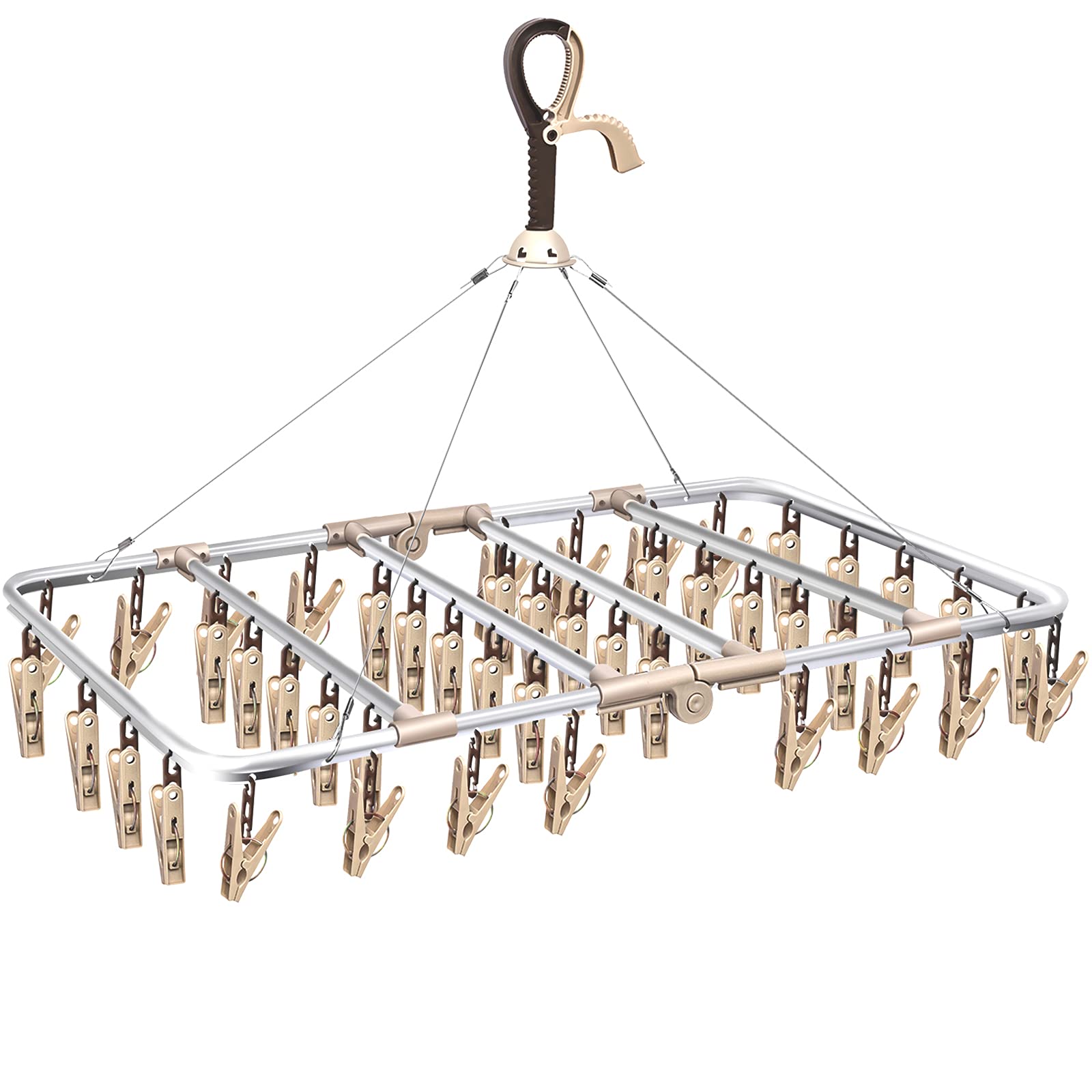 ANVINKU Sock Dryer, Aluminum 46 Pegs Sock Hanger for Washing Line, Folding Clothes Drying Rack with Windproof Hook, Hanging Clothes Airer for Socks, Underwear, Baby Clothes & Hats