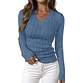 PRETTYGARDEN V Neck Cable Knit Sweaters for Women 2025 Long Sleeve Ribbed Fitted Pullover Tops Business Casual Fall Outfits