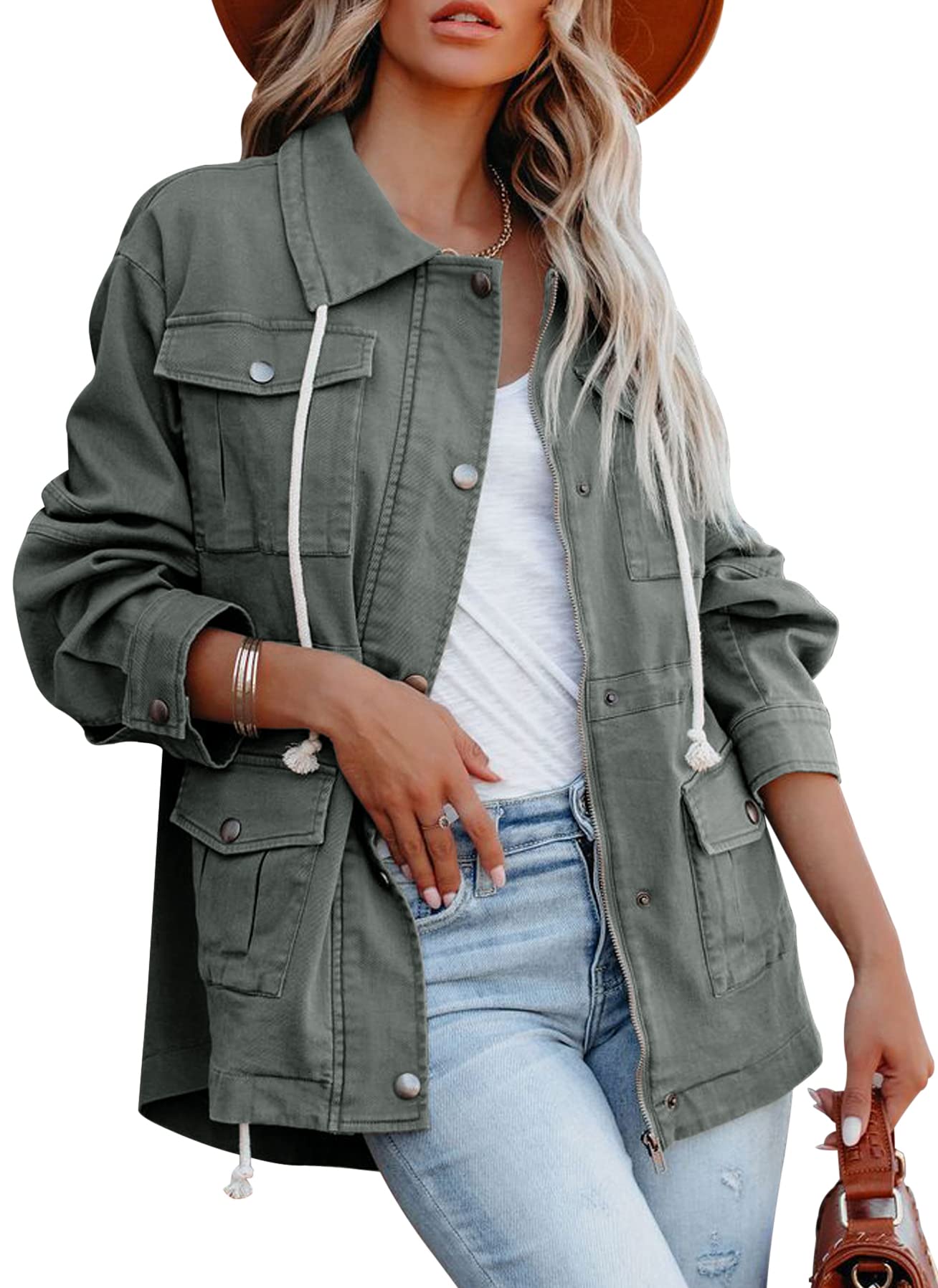 Ebifin Women's Military Anorak Jacket Zip Up Snap
